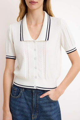 Ekru Genis Yaka Dugmeli K?sa Kol Triko Bluz TWOSS26BZ00125 - Trendyolmilla фото 3