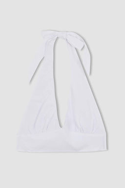 Укороченная блузка из льняной смеси приталенного воротника с бретелькой на шее - Defacto фото 8