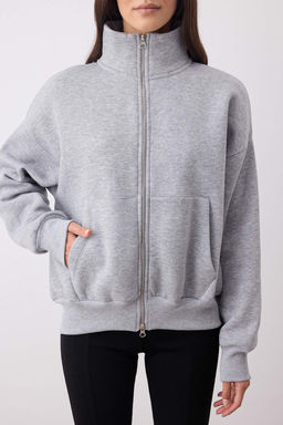 Gri Melanj Oversize/Genis Kal?p Fermuarl? Dik Yaka Kal?n Orme Sweatshirt TWOAW26SW00070