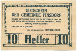 10 геллеров 1920 года Австрия Пинсдорф (нотгельд)