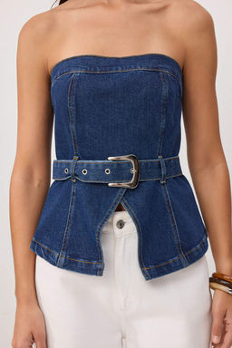 Mavi Kemerli Az Esnek Straplez Denim Bluz TWOSS26BZ00514 - Trendyolmilla фото 3
