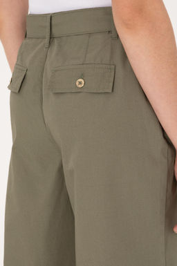 Kad_n Koyu Haki Flare Cropped Fit Kanvas Pantolon
