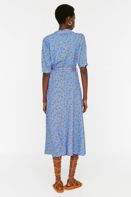 Mavi Cicek Desenli Kusakl? Midi Dokuma Viskon Gomlek Elbise TWOSS20EL1559