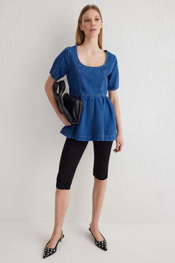 Trendyolmilla Mavi Dikis Detayl? Volanl? Denim Bluz TWOSS25BZ00001