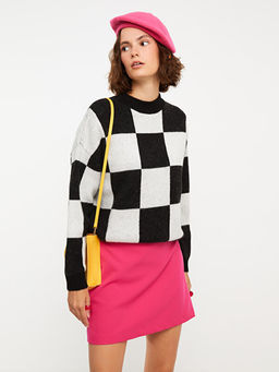 Bisiklet Yaka Ekose Uzun Kollu Kad?n Triko Kazak