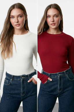 Trendyolmilla Siyah-Beyaz 2li Paket Slim C?tc?tl? Dik Yaka Fitilli Esnek Orme Body TWOAW23BD00030