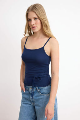 Lacivert Fitted/Vucuda Oturan Havuz Yaka Kolsuz Yumusak Orme Bluz TWOSS26BZ00633