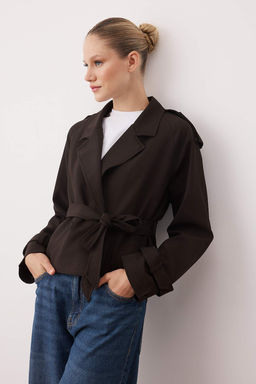 Koyu Kahverengi Premium Dokuma Crop Blazer Ceket TWOSS24BC00010