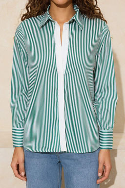 Beyaz Yesil Cizgili Kontrast Patl? Oversize/Genis Kal?p Gomlek TWOSS26GO00010 - Trendyolmilla фото 6