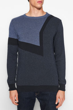 Trendyolmilla Man Indigo Slim Fit Pamuklu Bisiklet Yaka Renk Bloklu Triko Kazak TMNAW24KZ00024  фото 4