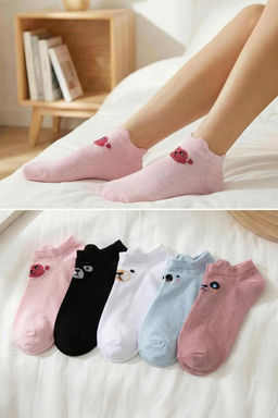 Trendyolmilla Mavi-Cok Renkli 5li Paket Pamuklu Bask?l? Orme Patik Corap THMAW22CO0231  фото 5