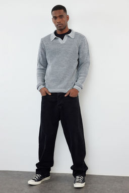 TRENDYOL MAN Gri Casual Regular Polo Yaka Dokulu Triko Kazak TMNAW25KZ00016 - Trendyolmilla фото 3