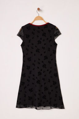 Siyah Flok Bask?l? Tul Kontrast Biye Detayl? Mini Esnek Orme Elbise TWOSS25EL00469 - Trendyolmilla фото 6