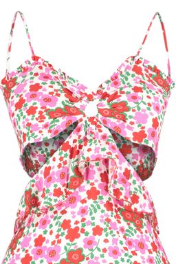 TRENDYOLMILLA Cicek Desenli Mini Dokuma Cut Out/Pencere Plaj Elbisesi TBESS21EL1054