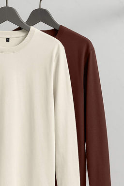 Kahverengi-Tas 2li Paket %100 Pamuk Uzun Kol Regular/Normal Kesim T-Shirt TMNAW24TS00001