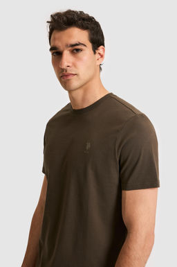 Erkek Regular Fit Bisiklet Yaka Koyu Haki Basic Ti__rt