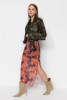 TRENDYOLMILLA Turuncu Desenli Maxi Boy Dantel Detayl? Tul Esnek Orme Etek TWOSS23ET00369