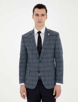 Lacivert Ex. Slim Fit Y_n Kar___ml_ Ekose Ceket