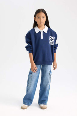 Толстая толстая толстая толстовка на мягкой подкладке с принтом и широким вырезом поло для девочек оверсайз - Defacto фото 2