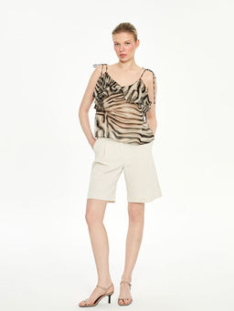 U Yaka Desenli ?ifon Bluz