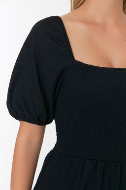 Lacivert Gipeli Belden Ac?lan/Skater Kare Yaka Balon Kol Midi Burumcuk Orme Elbise TWOSS22EL1088 - Trendyolmilla фото 2