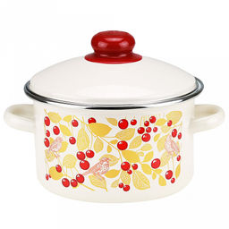 Птички и вишня Кастрюля эмалированная 2л, цилиндрическая форма, металлическая крышка, ободок из нержавеющей стали, бисквит (Россия)
