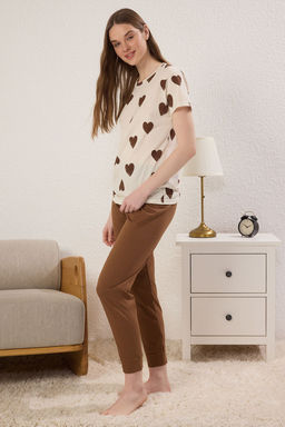 Trendyolmilla Kahverengi-Cok Renkli Pamuklu Kalpli Orme Pijama Tak?m? THMSS25PT00383  фото 2