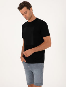 Siyah Regular Fit Bask_l_ Bisiklet Yaka T-shirt
