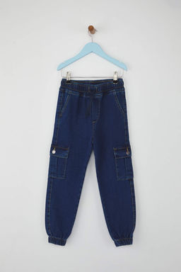 Koyu Mavi Pamuklu Erkek Cocuk Beli Lastikli Duz Denim Jeans TKDAW26JE00000