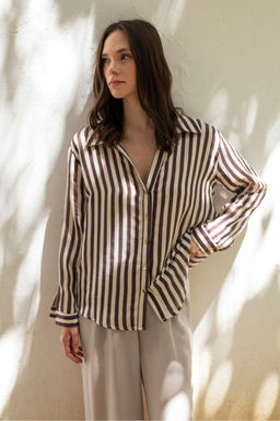 Bej Cizgili Gomlek TWOSS25GO00172 - Trendyolmilla фото 9