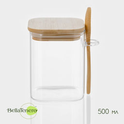 Банка для сыпучих BellaTenero «Эко», 500 мл, 10.5×8.2×10.5 см, с бамбуковой крышкой и ложкой, стекло, прозрачная