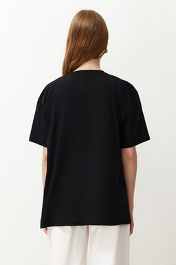 Siyah %100 Pamuk Boyfriend V Yaka Orme T-Shirt TWOSS23TS00003