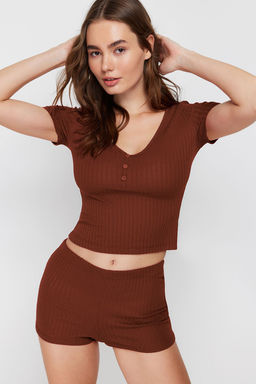 Trendyolmilla Bordo Dugme Detayl? Fitilli Sortlu Orme Pijama Tak?m? THMSS24PT00097 фото 38