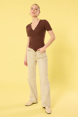 Kahverengi Kruvaze V Yaka Fitilli Esnek Regular Orme Bluz TWOSS25BZ00373 - Trendyolmilla фото 2