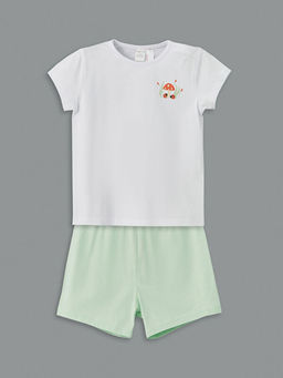 Bisiklet Yaka Bask?l? K?z Bebek Ti??rt ve ?ort 2li