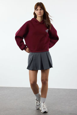 Bordo S?rt Bask? Detayl? Kapusonlu Kal?n Ici Polarl? Orme Sweatshirt TWOAW22SW0711