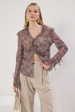 Trendyolmilla Vizon Y?lan Desenli Sifon Transparan Baglama Detayl? Dokuma Bluz TWOSS25BZ00427