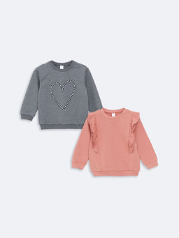 Bisiklet Yaka Bask?l? K?z ?ocuk Sweatshirt 2li