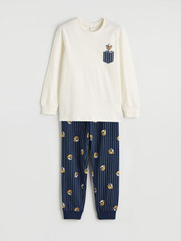 Bask?l? Bisiklet Yaka Erkek ?ocuk Pijama Tak?m?