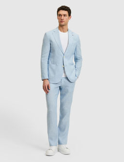 A__k Mavi Slim Fit %100 Keten Mikro Desen Mono Yaka Ceket