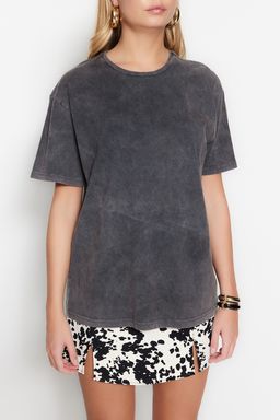TRENDYOLMILLA Antrasit %100 Pamuk Soluk Efektli S?rt Bask?l? Boyfriend Bisiklet Yaka Orme T-Shirt TWOSS23TS00109  фото 11