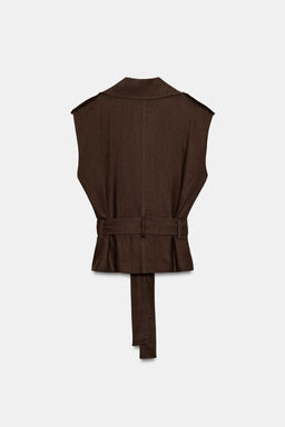 CHALECO CRUZADO CINTUR?N CON LINO / Marr?n chocolate - Zara фото 6