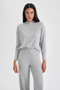 Ребристая футболка с длинными рукавами и круглым вырезом Relax Fit - Defacto фото 6