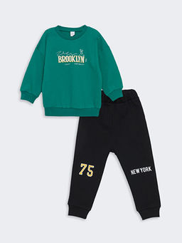 Bisiklet Yaka Bask?l? Erkek Bebek Sweatshirt ve E?ofman Alt 2li Tak?m