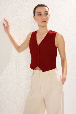 K?rm?z? Regular Pamuk Crop Keten Dokuma Yelek TWOSS24YE00024