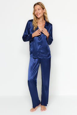 Lacivert Saten Gomlek-Pantolon Dokuma Pijama Tak?m? THMAW24PT00026 - Trendyolmilla фото 4