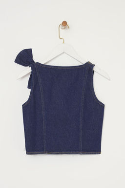 Trendyolmilla Koyu Mavi Kurdele/Fiyonk Detayl? Crop Denim Bluz TWOSS25BZ00476