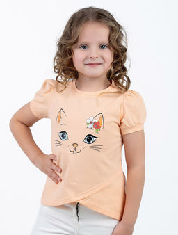 Футболка д/д Фреда с принтом(кошка), цвет Персик, Кулирка 100% х/б