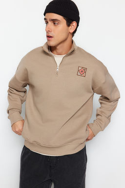 TRENDYOL MAN Vizon Oversize/Genis Kesim Fermuarl? Nak?s Detayl? Ici Polar/S?cak Tutan Sweatshirt TMNAW24SW00132 - Trendyolmilla фото 2