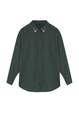 Koyu Yesil Yakas? Tas Detayl? Oversize Dokuma Gomlek TWOAW24GO00168